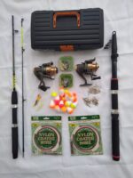KIT PESCA - N°2 - 1 Vara Telescópica 3m+1 Vara 2 Parts 1,35m+2 Molinetes 3 Rol 1000+Acessórios